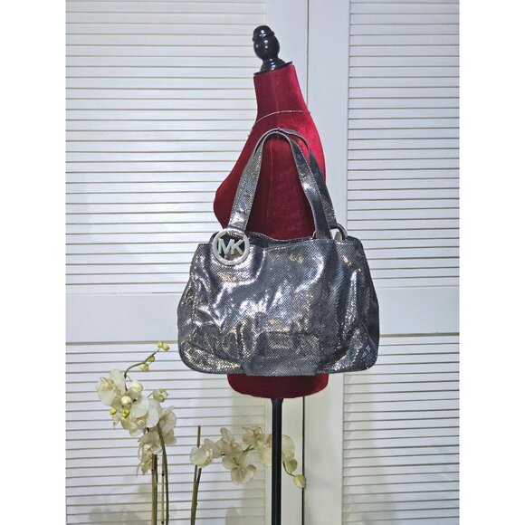 Michael Kors Women's Metallic Python-Embossed Tote Shoulder Bag Size L 2421 - Picture 1 of 13